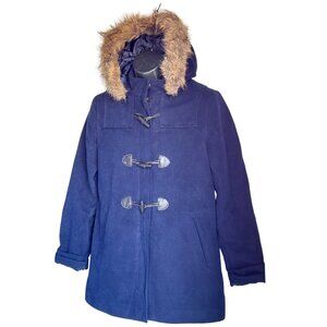 St. Johns Bay Womens Hooded Toggle Coat W/ Faux Fur Trim Navy Blue